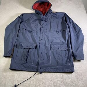 Totes Rain Coat Mens Large Blue Hooded Waterproof Vinyl Lined Parka Outdoor